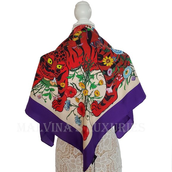 GUCCI SCARF SILK TIGER ICONIC FLORA PRINT SQUARE VIBRANT FOULARD 35" - Picture 9 of 16